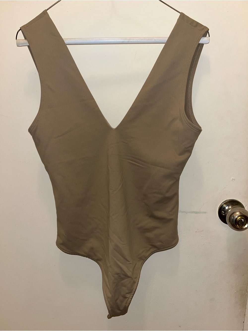 Free People Deep V Bodysuit in Taupe